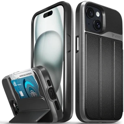 Afbeelding van VENA vCommute Portemonnee hoesje compatibel met Apple iPhone 15 (6,1 inch), (militaire valbescherming), lederen fliphoes kaartsleuf en standaard, grijs (Space Gray/Black)