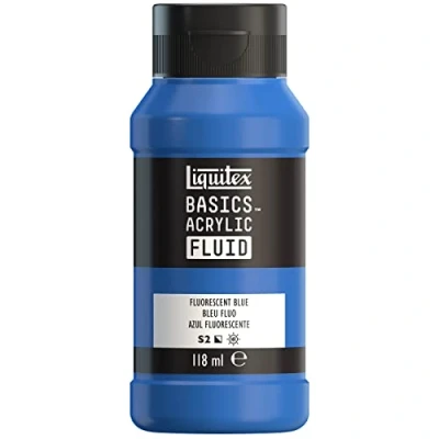 Afbeelding van Liquitex 8870426 Basics Fluid acrylverf met vloeiende consistentie, sneldrogend, lichtecht, waterbestendig, op waterbasis, fles van 118 ml, blauw fluo