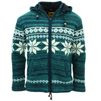 Afbeelding van LOUDelephant Handgebreide wollen jas met capuchon, Fairisle Teal, XL