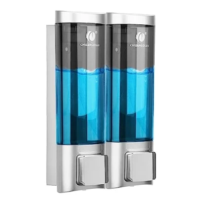 Afbeelding van zeepdispenser, wandbevestiging, zonder boren, handmatige dispenser, douche, voor douchegel, shampoo, desinfectiemiddel, afwasmiddeldispenser (2 x 200 ml)