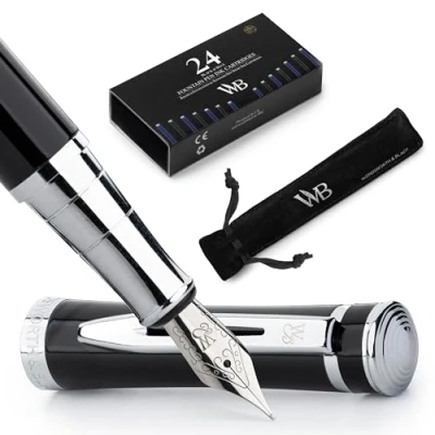 Afbeelding van Wordsworth &amp; Black Vulpenset, medium penpunt, inclusief 24 stuks inktcartridges, inktnavulconverter en geschenkzakje, chromen afwerking, kalligrafie, [zwart chroom], perfect voor mannen vrouwen