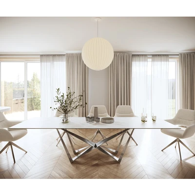 Afbeelding van DELIFE Eettafel Edge 300x100cm Laminam® keramiek wit middenpoot vlak staal zilver