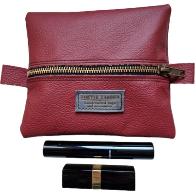 Afbeelding van Toetie &amp; Zo Handgemaakte Makeuptas Leer Rood Plat model Toilettas Etui