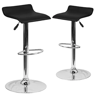 Afbeelding van Flash Furniture 2 Pack Hedendaagse Vinyl Verstelbare Hoogte Barkruk met Solid Wave Seat en Chrome Base, Stof, Zwart, Set van