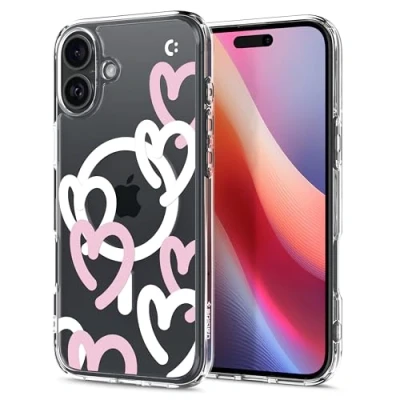 Afbeelding van Spigen Ultra Hybrid MagFit Case voor iPhone 16, Compatibel met MagSafe accessories hoesje Hearts White Pink