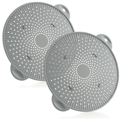 Afbeelding van COM FOUR® 2x siliconen spatschermdeksels voor potten en pannen deksels tegen olie , vet spatvlekken spatscherm met handgrepen hittebestendig (02 stuks Ø 28,5 cm grijs)