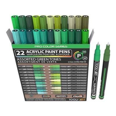 Afbeelding van Acrylverfpennen 22 Pro Color Series Markers Set 0,7 mm Extra fijne punt voor rotskunst, glas, mokken, hout, metaal, canvas, schetsen, detaillering. Niet giftig, sneldrogend. (GROENTE)