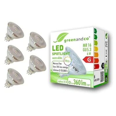 Afbeelding van 5x greenandco® CRI97+ 2700K 110 LED spot vervangt 25W GU5.3 MR16, 6W 360lm warm wit 12V AC/DC, flikkervrij, niet dimbaar