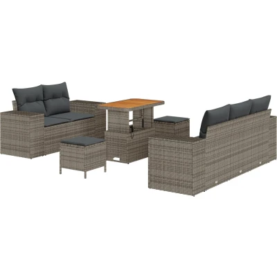 Afbeelding van vidaXL 8 delige Tuin Sofa Set met Kussens Grijs Poly Rattan Acacia, 3 Eettafelset Acacia