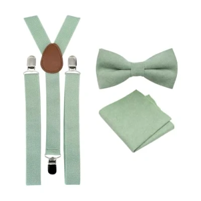 Afbeelding van Luxe set met vlinderdas en pochet bretels voor heren, Saliegroene &amp; eucalyptus bretels, Bow Tie: Length 11.5cm. Width: 7.5cm