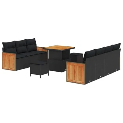 Afbeelding van vidaXL 10 delige Tuin Sofa Set met Kussens Zwart Poly Rattan Acacia, 3 Eettafel Acacia