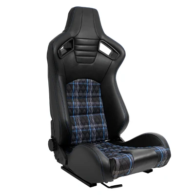Afbeelding van AutoStyle Sportstoel &#039;GT&#039; Zwart Kunstleder + Stof in Blauw ruitmotief Blauwe stiksels Dubbelzijdig verstelbare rugleuning incl. sledes