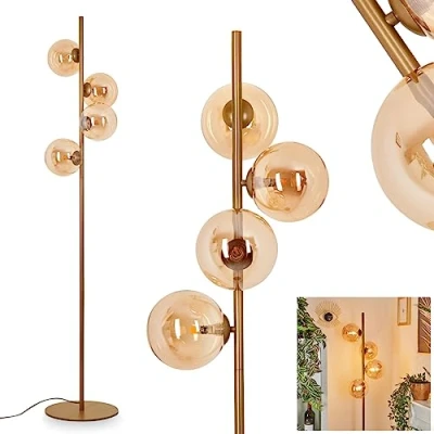 Afbeelding van Remaisnil Staande lamp, moderne vloerlamp van metaal/glas in messingkleuren/champagnekleuren, lamp retro/vintage design met voetschakelaar op kabel, hoogte 160 cm, 4 x G9, zonder