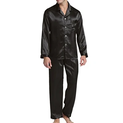 Afbeelding van Satijnen pyjama voor heren, nachtkleding, loungewear, Zwart, L