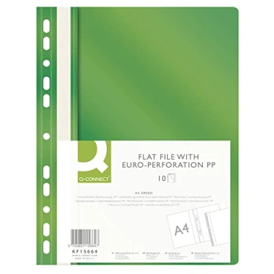 Afbeelding van Q CONNECT KF15664 Plastic snelhechter A4, groen, 10 stuks, kunststof nietjes, geperforeerde nietmachine met labelstrips, transparant deksel, gaten, Euro perforatie