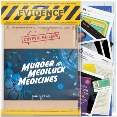 Afbeelding van Cryptic Killers Unsolved Murder Mystery Game Cold Case Files Investigation Detective Evidence &amp; Crime File Individuen, Date Nights Party Games Moord bij Mediluck Medicines