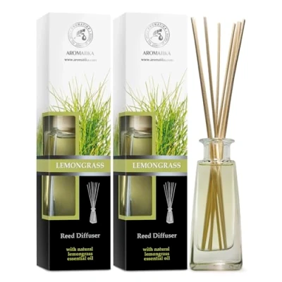 Afbeelding van Aroma Diffuser SET met essentiële olie van Citroengras 2x100ml 8 Rotanstokjes Zonder Alcohol Beste Luchtverfrisser voor Thuis Kantoor Spa Aromatherapie