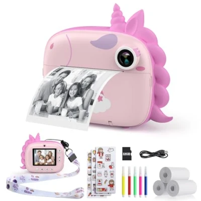Afbeelding van HiMont Kindercamera, instant camera, digitale camera voor kinderen met printpapier en 32G TF kaart, videocamera gekleurde pennen fotoklemmen om te knutselen, cadeau van 3 14 jaar (roze)