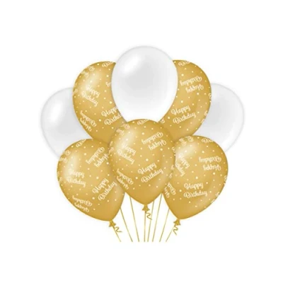 Afbeelding van Ballonnen Happy Birthday Goud/Wit 8 stuks