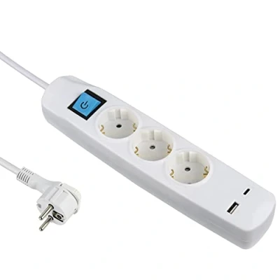 Afbeelding van Electraline 62162 stekkerdoos 3 voudig Schuko met schakelaar + 2 USB 3.4A 17W (1 type A 1 C), kabel 1.5M / meervoudige stekkerdoos/tafel stekkerdoos, extra platte stekker