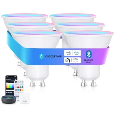Afbeelding van Aigostar Mesh 6.5W GU10 Smart Lamp Bluetooth Mesh, Slimme LED Lampen Werkt met Alexa, Bulb 555LM RGB &amp; CCT(2700K 6500K), 6 Stuks (met afstandsbediening en Gateway)