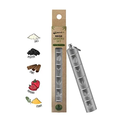 Afbeelding van Kruidenset voor reizen en picknick outdoor reiskruidenset 5 in 1 mini camping kruidenstrooier waterdicht, kleine lichte aluminium kruidenpotjes incl. hoogwaardige specerijen zilver