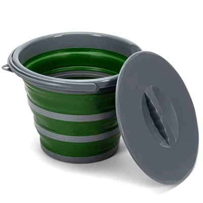 Afbeelding van Opvouwbare emmer 10 liter met deksel en handvat 10l voor kamperen, vissen, schoonmaken etc. wateremmer van plastic &amp; siliconen in grijs groen