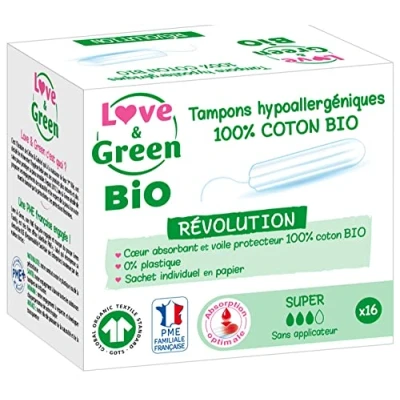 Afbeelding van Love &amp; Green Hypoallergeen 100% Biologisch Katoen 16 Super Pads Zonder Applicator