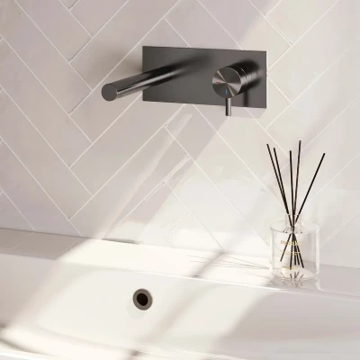 Afbeelding van BRAUER gunmetal Edition inbouw wastafelmengkraan met rechte uitloop en afdekplaat model B1 geborsteld PVD