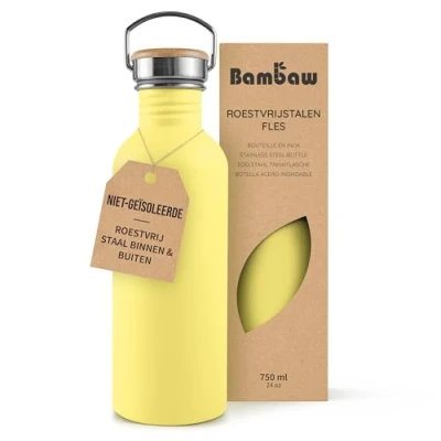 Afbeelding van Bambaw 750ml Metalen Waterfles, Herbruikbare Duurzame Drinkfles, Eco Plasticvrij en Lekvrije Roestvrijstalen Waterfles BPA Vrij Zonnegeel