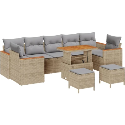 Afbeelding van vidaXL 10 delige Tuin Sofa Set met Kussens Beige Poly Rattan Acacia, 3 Eet Acacia