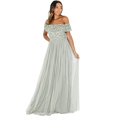 Afbeelding van Maya Deluxe Vrouwen dames bardot jurk maxi verfraaid hoge imperium taille mouwloze tule voor bruiloft gast prom afstuderen bruidsmeisje, Groene Lelie, 18, 44