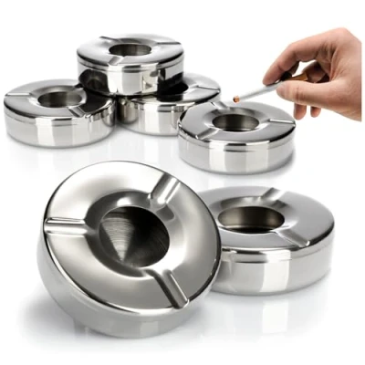 Afbeelding van COM FOUR® 6x asbakken van RVS windasbak met afneembaar deksel ter bescherming tegen vliegas Ø 11 cm (006 stuks roestvrij staal)