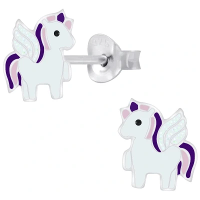 Afbeelding van JoyS Zilveren eenhoorn oorbellen wit paars met vleugeltjes unicorn paardje oorknoppen