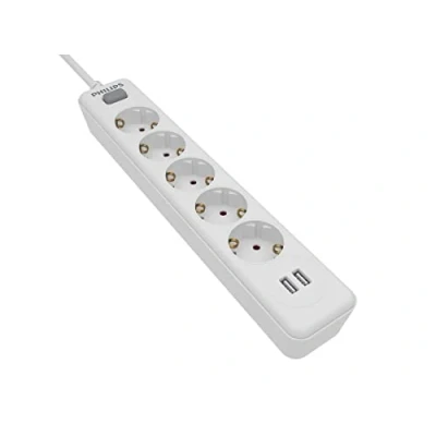 Afbeelding van Philips SPN3052WA/10 Stekkerdoos met 5 Schuko stopcontacten en 2 USB poorten 2,4 A, aan/uit schakelaar, gevlochten netsnoer 1,5 m (hoge weerstand), wit