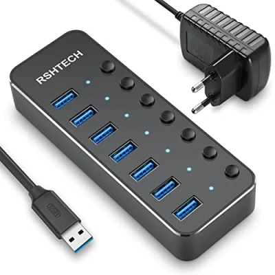 Afbeelding van RSHTECH USB Hub 3.0 met 10 W (5V / 2A) Voeding, Aluminium 7 Poorts Hub, Verdeler voor Opladen en Gegevensoverdracht, LED Indicator Individuele Schakelaar (RSH 518 2)
