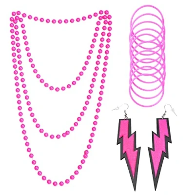 Afbeelding van Jomnvo 80s Kostuums Accessoires Neon Party Ketting Kralen Siliconen Armbanden met Oorbellen voor Vrouwen Fancy Dress