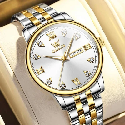 Afbeelding van HO 5525.gz : Olevs basic goud/zilverkleurig edelstaal horloge, zilverwitte wijzerplaat, weekdag &amp; datum