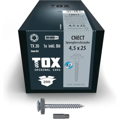 Afbeelding van TOX Spenglerschroeven CNECT 4,5 x 25 mm, weerbestendige spenglerschroef met afdichtring van roestvrij staal A2, bevestiging doppen en nog veel meer, 200 stuks in doos, incl. 1x bit, 152966414525