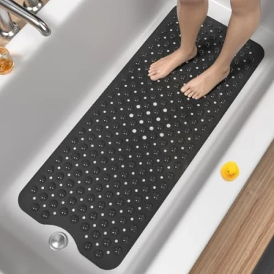 Afbeelding van HITSLAM Antislip badmat voor bad, 100 x 40 cm extra lange douchemat Anti schimmel, Machine wasbare badkamer badkuip mat met zuignappen en afvoergaten, zacht op voeten, helder zwart