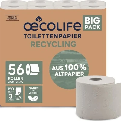 Afbeelding van oecolife Toiletpapier RECYCLING, 3 laags, 56 x 150 vellen per rol, superzacht, duurzaam wc papier, herbruikbaar, verpakking van 60% PCR aandeel (56 rollen)