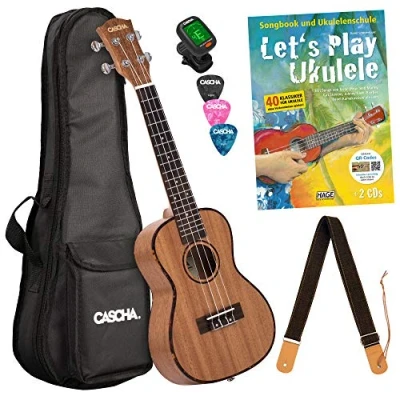 Afbeelding van Cascha Premium mahonie sopraan ukelele, kleine Hawaii gitaar, Ukelele voor beginners, met acquilasnaren en 3 plectra Let&#039;s Play beginnersset 24 inch Konzert