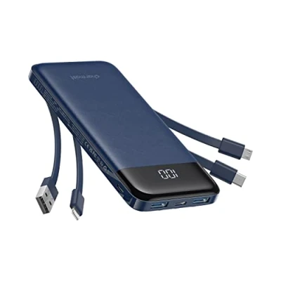 Afbeelding van Charmast Externe accu, 10.000 mAh, met 4 geïntegreerde kabels, draagbare USB C, dun, powerbank 6 uitgangen en 3 ingangen voor iPhone 12, 13, 11, Samsung S21, S22 (blauw)