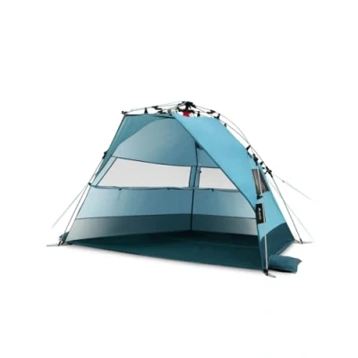 Afbeelding van qeedo Quick Bay Strandschelp met UV bescherming (UV80) voor 2 personen incl. roll in bag, kunststof haringen en scheerlijnen, zonwering gezinnen, kinderen, baby&#039;s of honden, oceaanblauw
