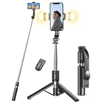 Afbeelding van Selfie Stick statief met 2 vullampen, 45 inch extra lang telefoonstatief afneembare afstandsbediening, compatibel iPhone, Samsung, smartphone
