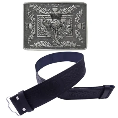 Afbeelding van Heren Schotse lederen kilt riem en gesp distel ontwerp (extra groot), Zwart
