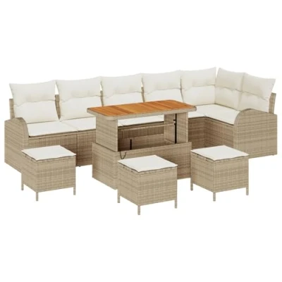 Afbeelding van vidaXL 10 delige Tuin Sofa Set met Kussens Beige Poly Rattan Acacia, 2 Persoons Rattan, 4 Eetset Acacia