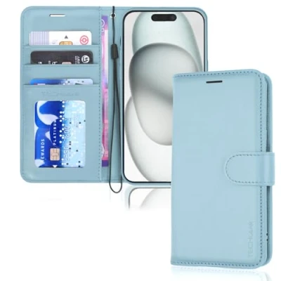 Afbeelding van TECHGEAR iPhone 15 lederen portemonneehoesje, flip beschermhoes met portemonnee kaarthouder, standaard en polsband lichtblauw PU leer magnetische sluiting voor 6,1 inch