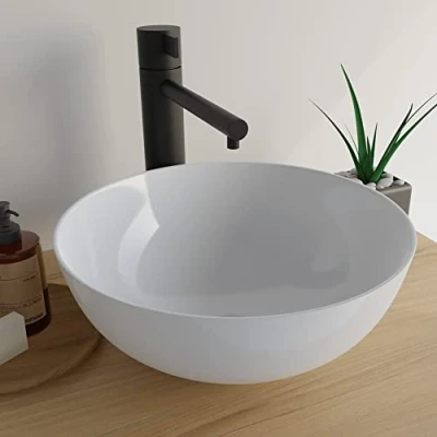Afbeelding van VMbathrooms Premium Wastafel Rond met Lotuseffect Wastafelblad voor badkamer en gastentoilet zonder kraangat overloop Zuiver Wit