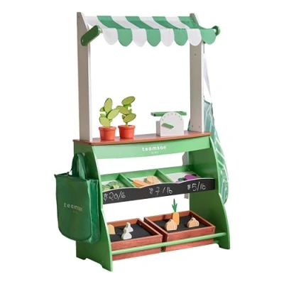 Afbeelding van Teamson Kids Marktkraam Speelset met Interactieve Accessoires en Groenten Kinderspeelgoed Rollenspel Speelgoed Groen